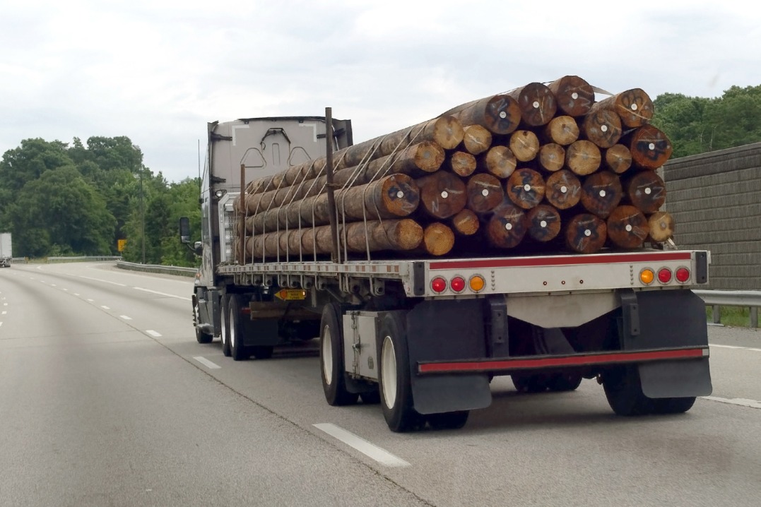 Rear view of flatbed semi truck hauling a cargo of telephone poles.