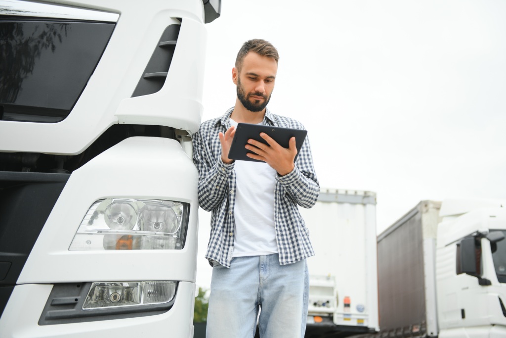 Men driver near lorry truck. Man owner truck driver near truck. Man trucker trucking owner. Transportation industry vehicles. Handsome man driver front of truck